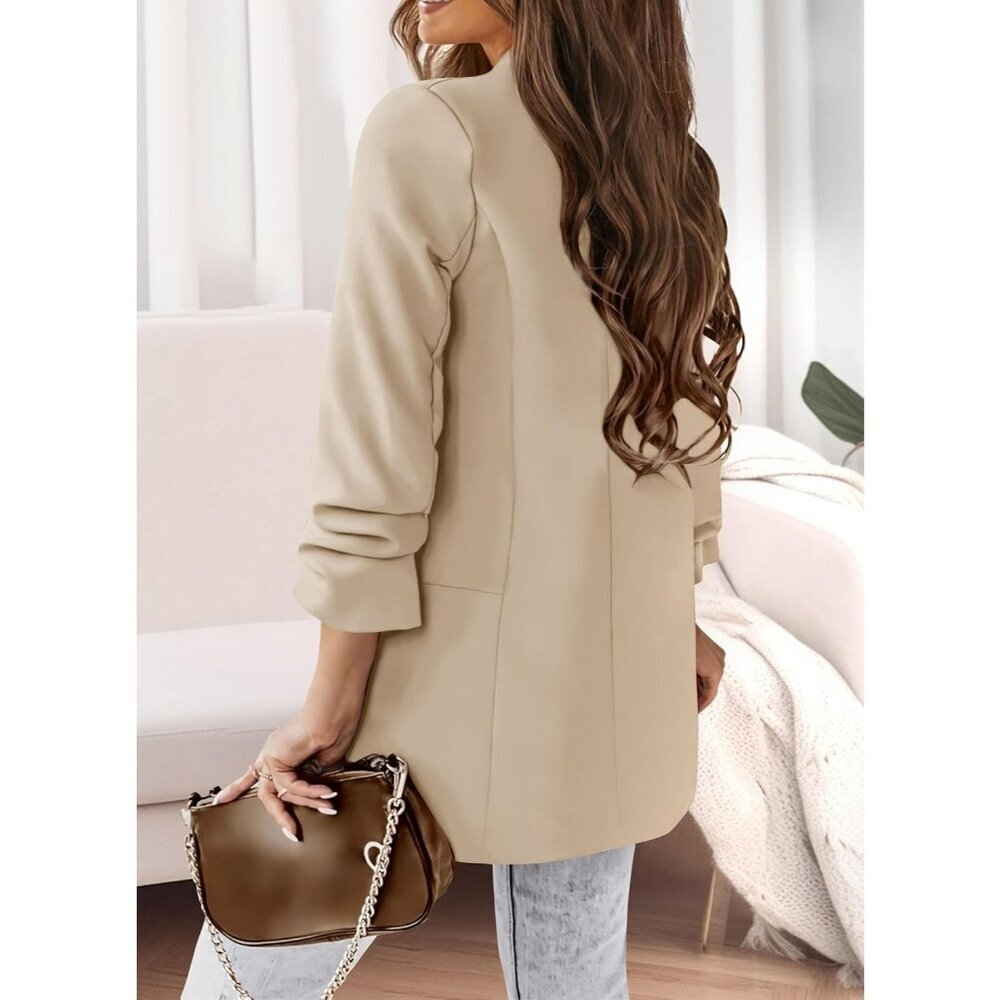 Women's Beige Casual Blazer Spring Fall Fashion Long Sleeve Open Front Work - Picture 2 of 5